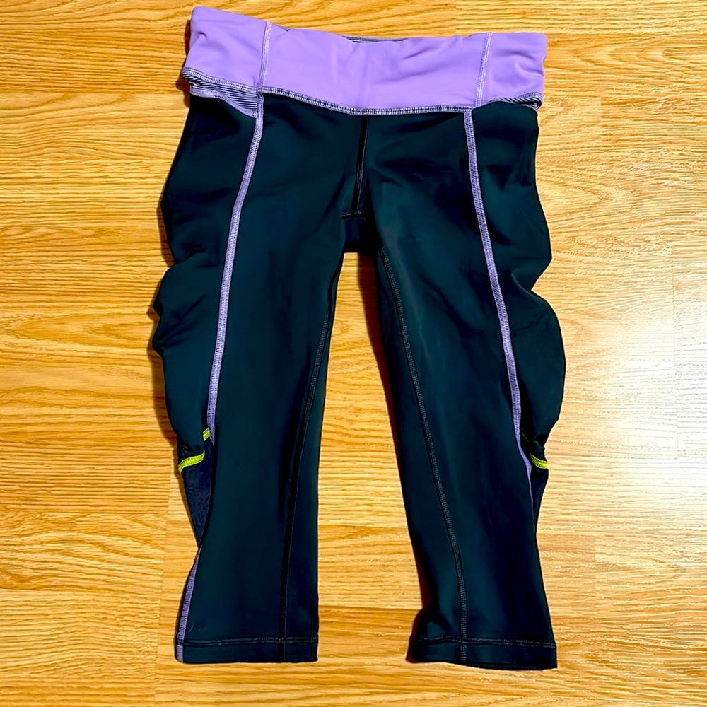 Lululemon Ruched Compression Crop, Coal with Lavender and Neon Yellow, Size 4
